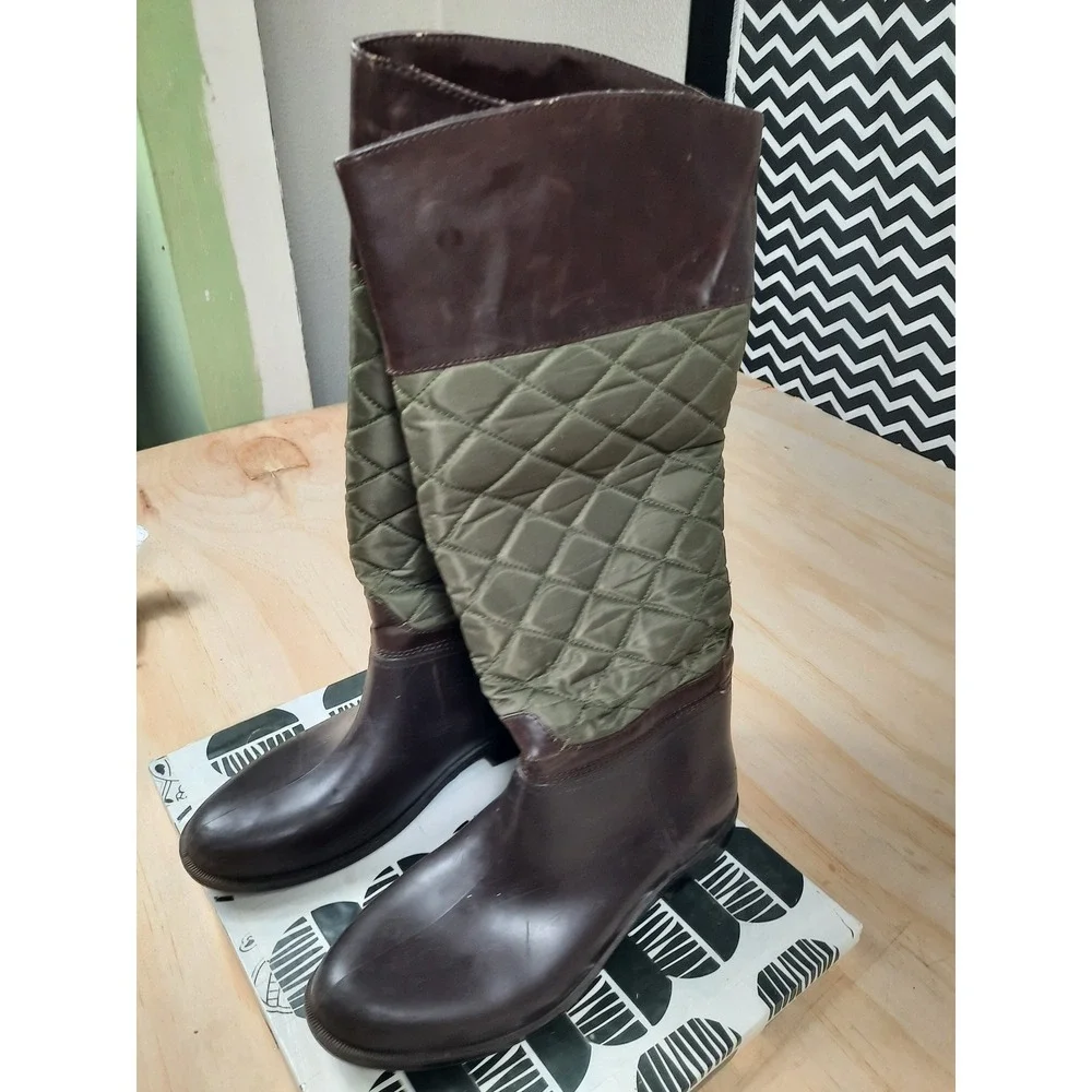 Cougar Storm Women Brown Olive‎ Green Quilted Tall Rubber Rain Boots Size 8